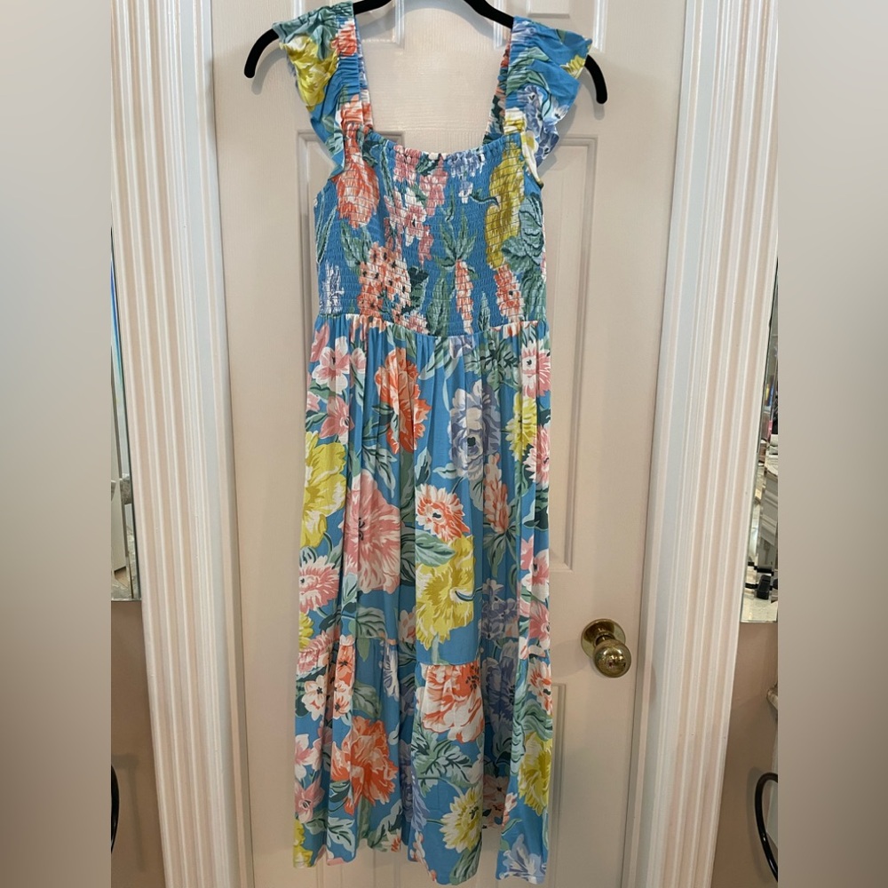 LOFT Blue Floral Ruffled Strap Maxi Dress